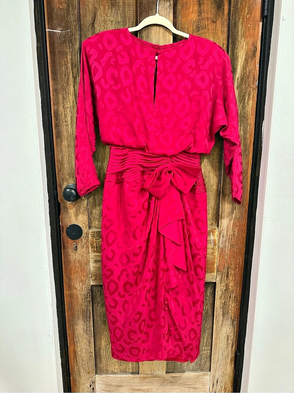 Vintage A.J. Bari Pink Animal Print Ruched Midi Dress Like New